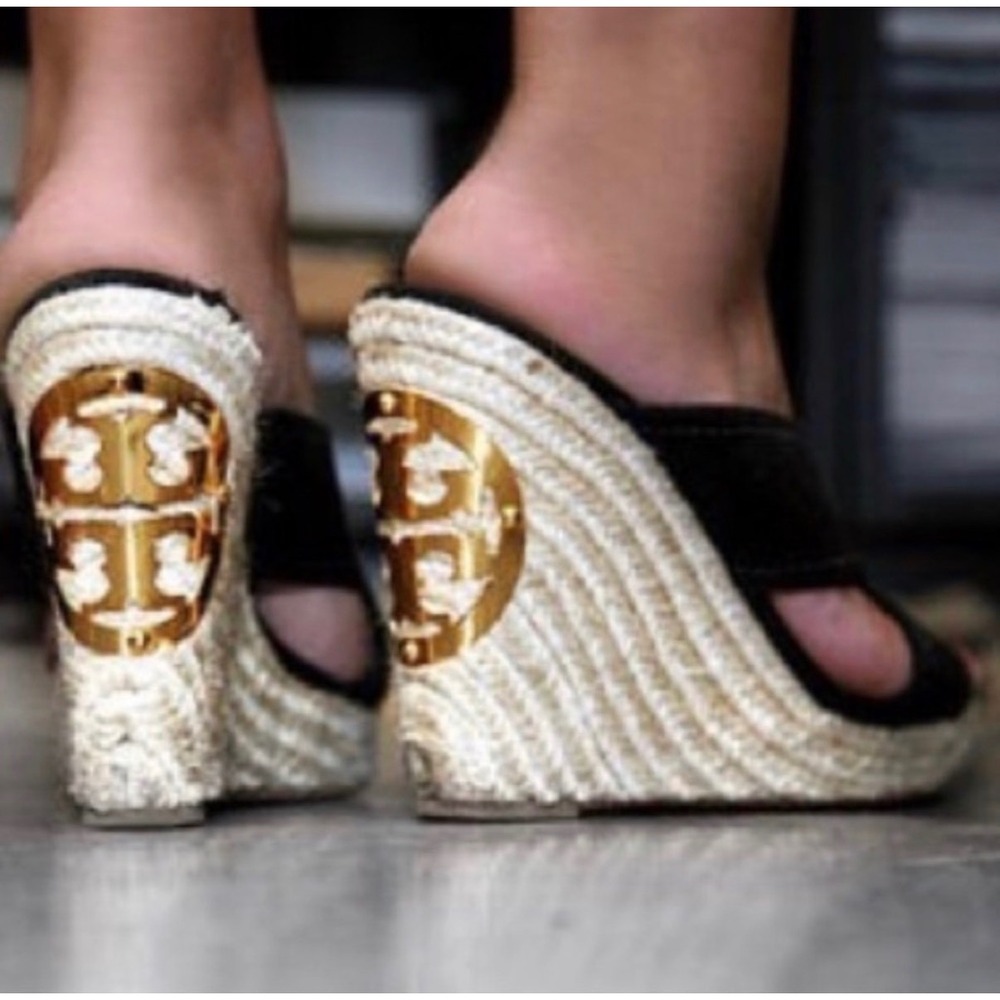 Tory Burch Black Canvas Espadrille Wedge Sandals Gold Logo A76A Size 7M